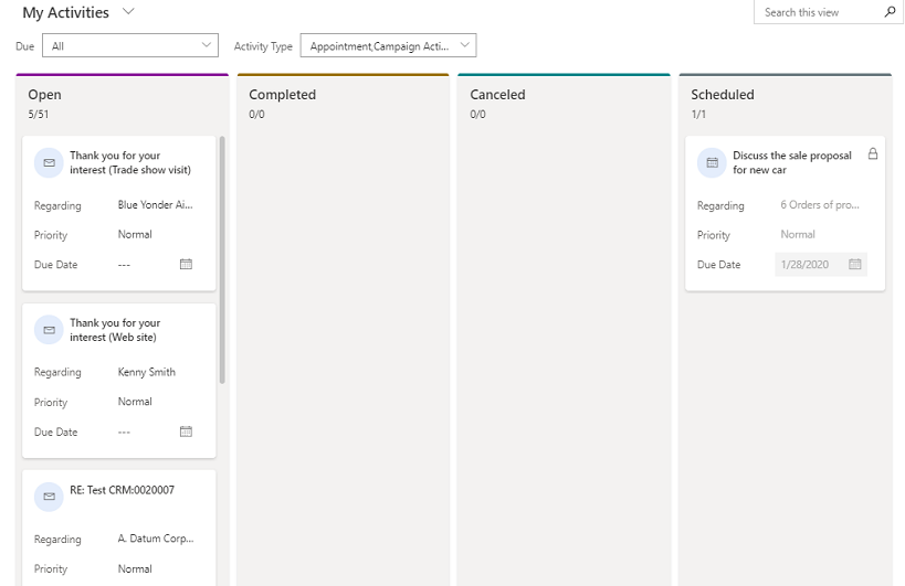 Aktiviteter i kanban-vyn.