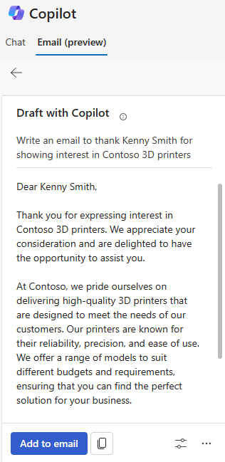 Skärmbild av en Copilot-ruta med förslag på utkast till e-post.