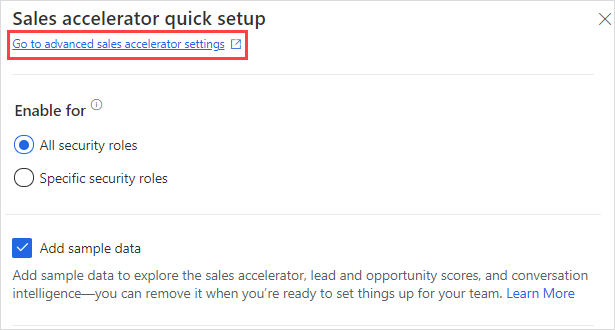 Länk till avancerade inställningar i snabbinstallationspanelen för Försäljningsacceleration.