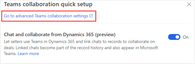 Länk till avancerade inställningar i snabbinstallationspanelen för Teams-samarbete.