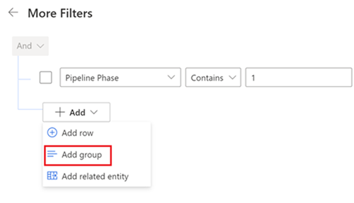 Skärmbild av alternativet Lägg till grupp i panelen Fler filter.