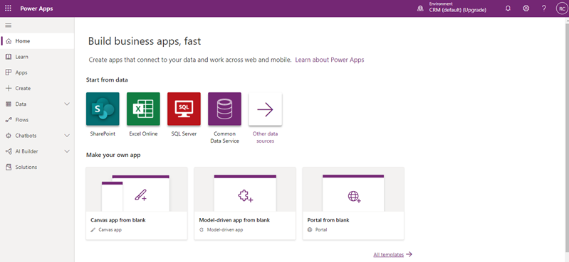 Power Apps-startsidan