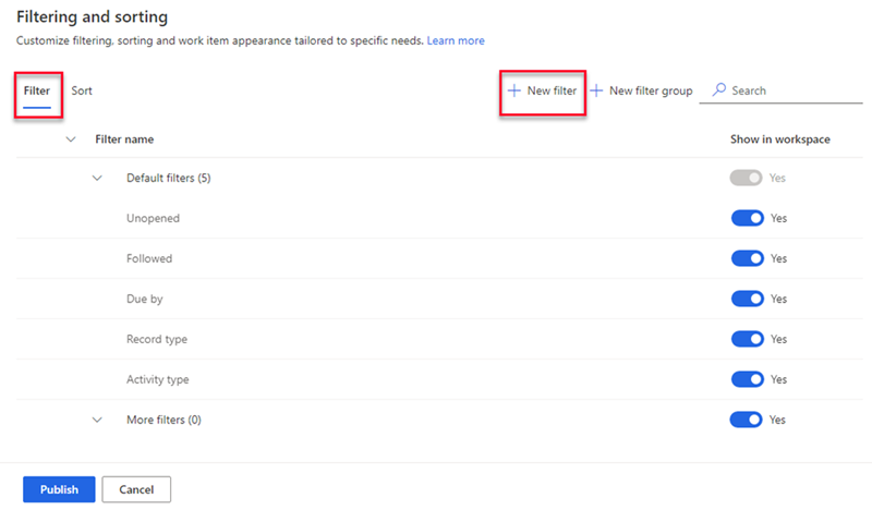 Skärmbild på sidan För filtrering och sortering med fliken Filter och Nytt filter markerat.