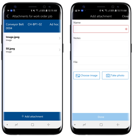 Visa och lägg till bilagor för ett arbetsorderjobb.