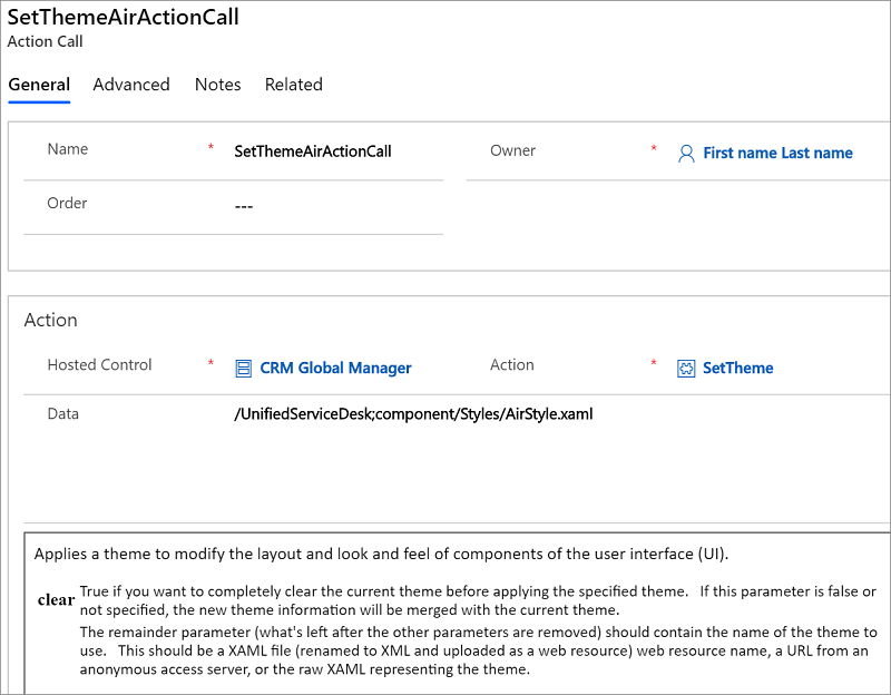 Action call definition for Air theme.