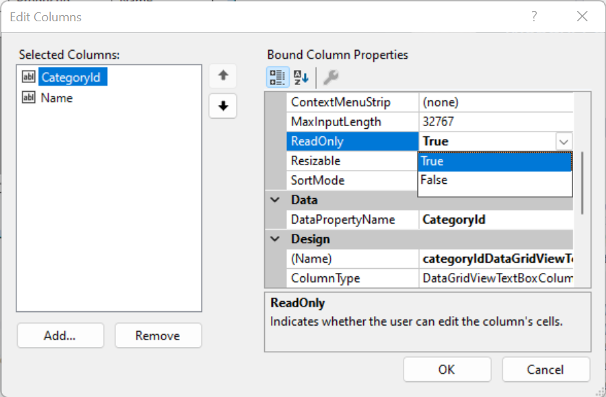 Make CategoryId column read-only