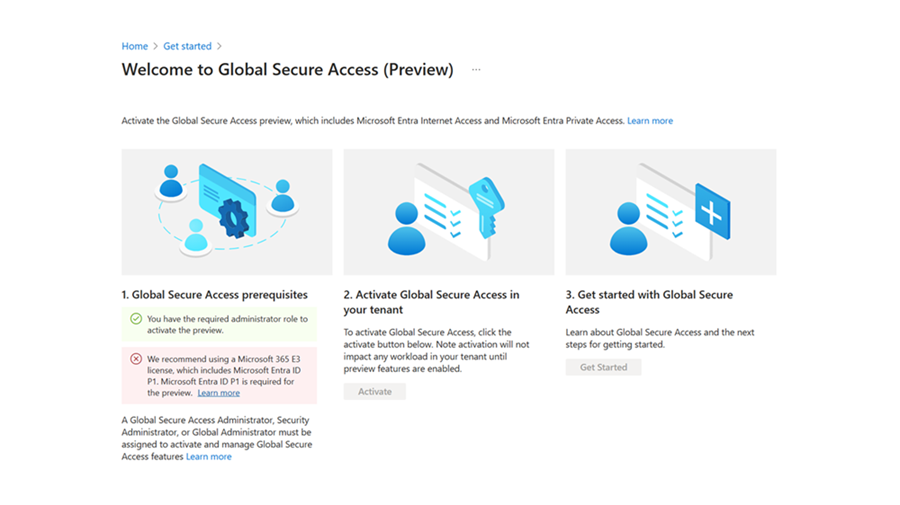 Diagram som visar den första aktiveringssidan för Microsofts Security Service Edge-lösning.