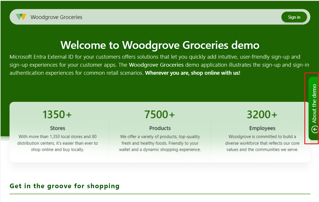 Skärmbild av startsidan för Woodgrove Groceries-demonstrationen.