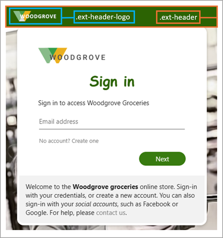 Skärmbild av inloggningsskärmen med områdena .ext-header och .ext-header-logo markerade.