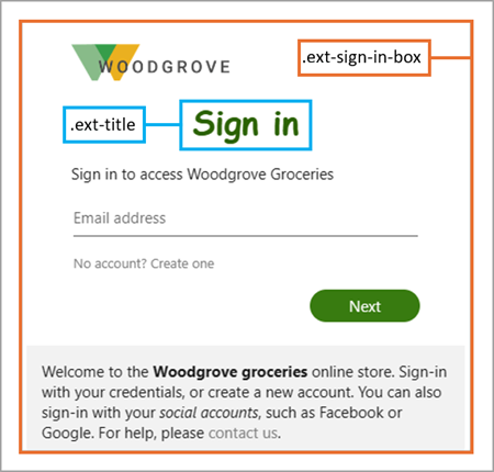 Skärmbild av inloggningsrutan med den del av rutan som är formaterad med väljaren .ext-sign-in-box.