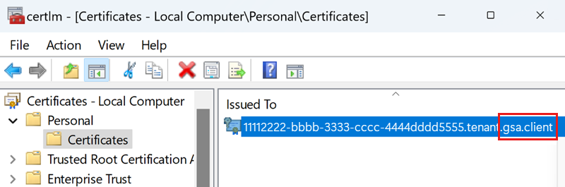 Skärmbild av listan över certifikat med gsa.client-certifikatet markerat.