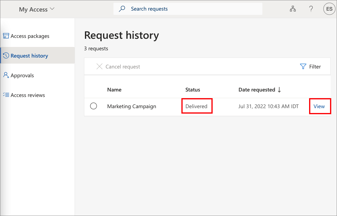 Skärmbild av begärandehistoriken för My Access-portalen.