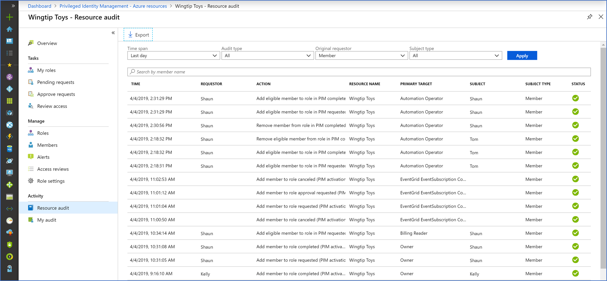 Skärmbild som visar microsoft Entra-rollgranskningslistan med filter.