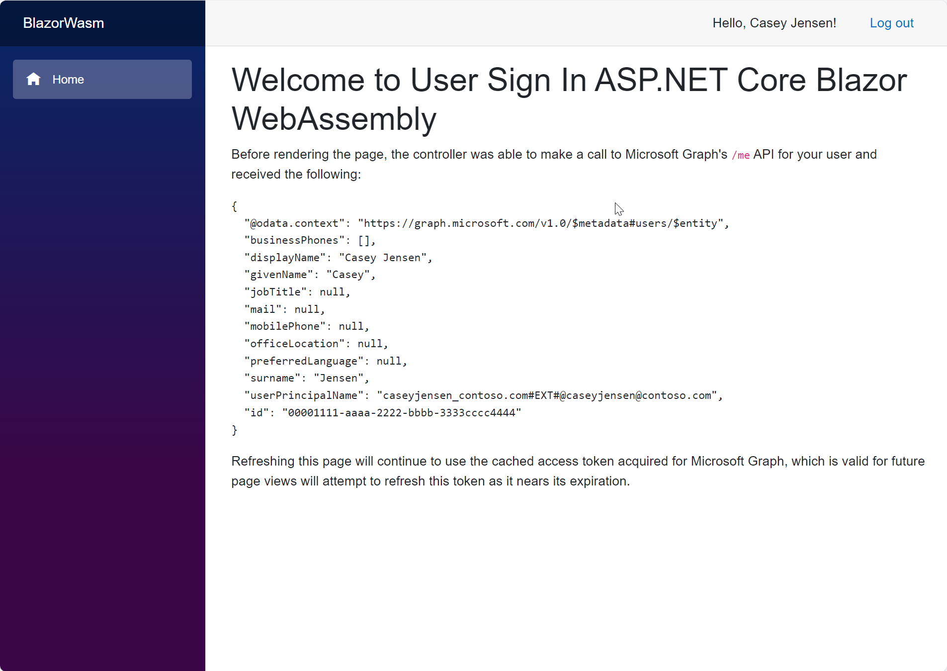 Skärmbild av Blazor WASM SPA-appen som visar resultatet av API-anropet.