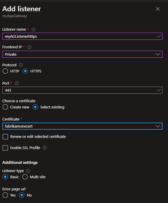 Skärmbild av Application Gateway-lyssnaren.