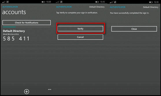 Exempel på En Windows Phone Authenticator-app som visar verifiering