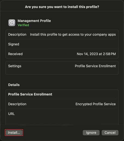 Skärmbild av uppmaningen att installera hanteringsprofilen i inställningarna.