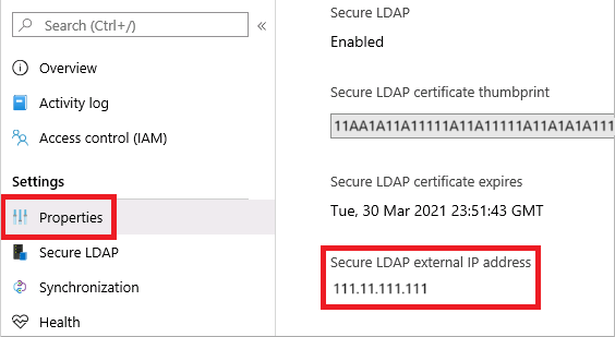 Visa den säkra externa LDAP-IP-adressen för din hanterade domän i administrationscentret för Microsoft Entra