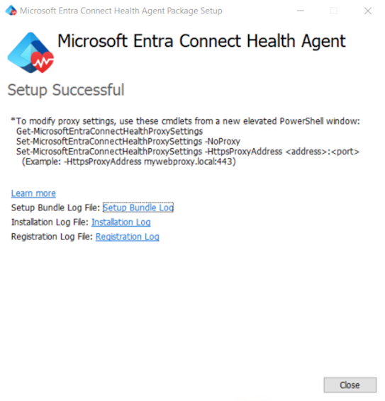 Skärmbild som visar bekräftelsemeddelandet för ad DS-agentinstallationen för Microsoft Entra Connect Health.