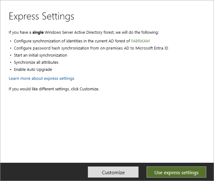 Skärmbild som visar sidan Expressinställningar i Microsoft Entra Connect.