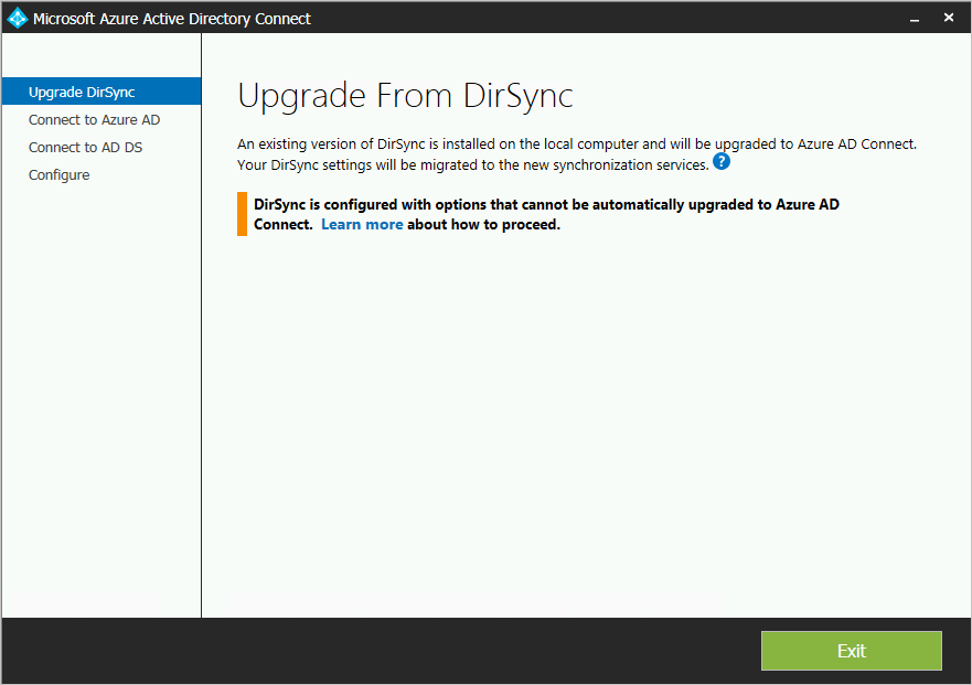 Skärmbild som visar att uppgraderingen blockeras på grund av DirSync-konfigurationer.