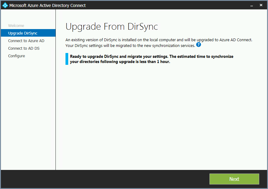 Skärmbild som visar att analysen har slutförts och du är redo att uppgradera från DirSync.