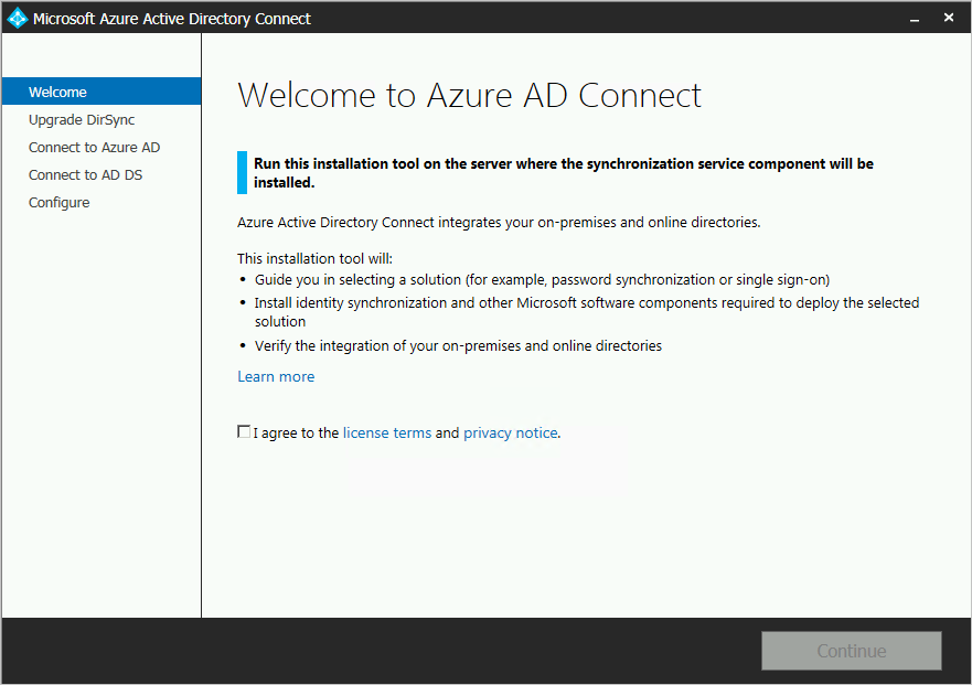 Screenshot that shows the Welcome to Microsoft Entra Connect page.