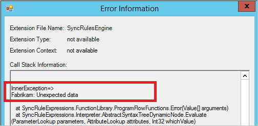 Skärmbild av Synkroniseringstjänsthanteraren som visar felinformation under rubriken InnerException =>