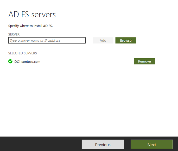 Skärmbild som visar var du väljer din AD FS-server.