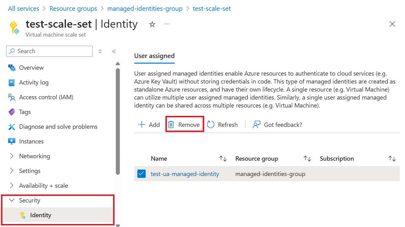 En skärmbild som visar hur du tar bort användartilldelad identitet från en VM-skalningsuppsättning.