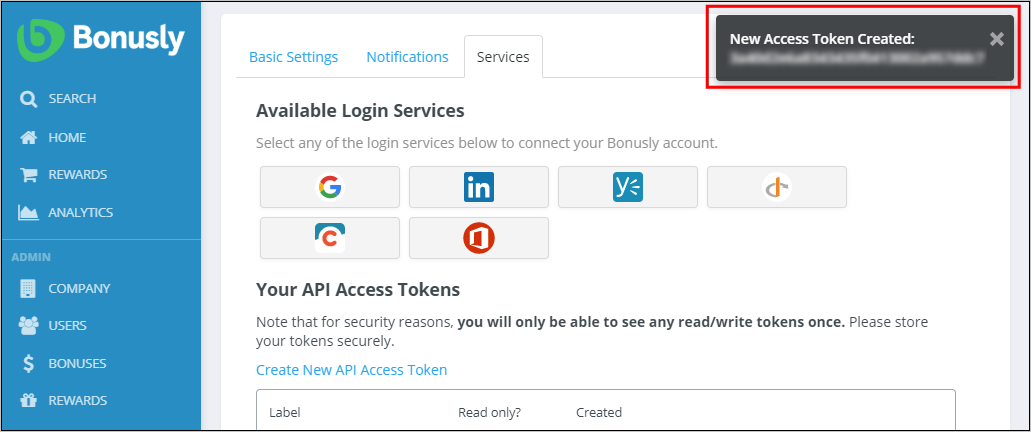 Skärmbild av webbplatsen Bonusly. Ett meddelande visas som visar Ny åtkomsttoken som skapats, följt av en oläslig token.