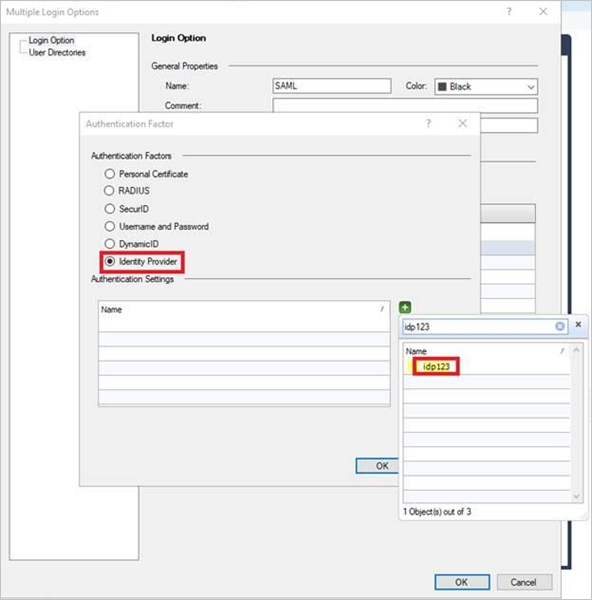 skärmbild för att välja det tillämpliga Identity Provider-objektet.