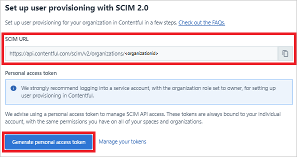 Skärmbild som visar SCIM-URL:en för att generera en personlig åtkomsttoken.