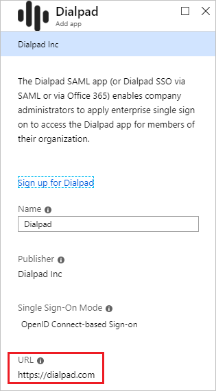 Skärmbild av en sida som visar information om Dialpad-appen. Under U R L visas en adress och är markerad.