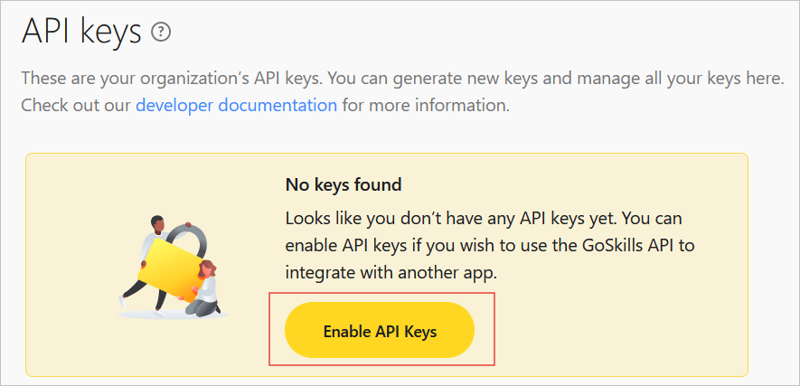 Skärmbild av startsidan för GoSkills API-nycklar.