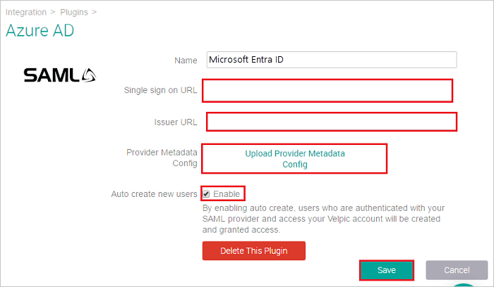 Screenshot shows the Microsoft Entra ID page where you can enter the values described.