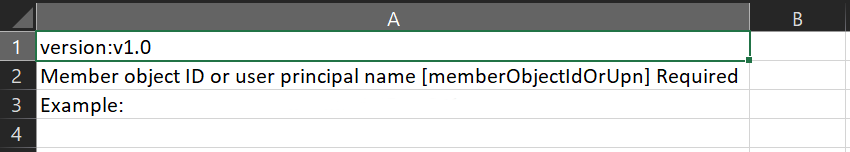 Skärmbild som visar CSV-filen innehåller namn och ID:t för de gruppmedlemmar som ska tas bort.