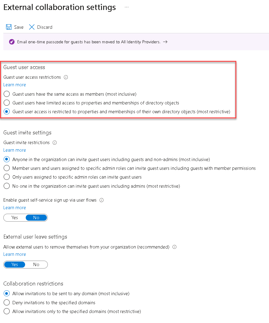 Skärmbild av sidan inställningar för externt samarbete i Microsoft Entra.