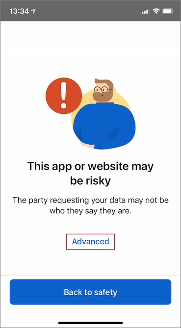 Skärmbild som visar hur du väljer avancerat i varningsmeddelandet för den riskfyllda autentiseringsappen.