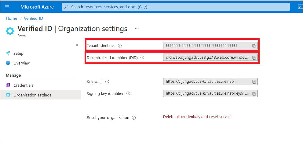 Skärmbild som visar hur du kopierar nödvändiga värden från Microsoft Entra – verifierat ID.