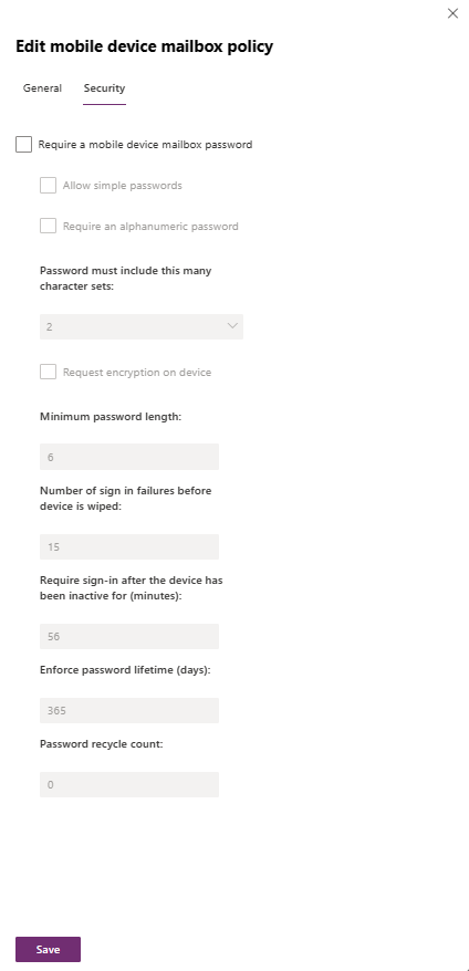 Edit mobile device mailbox policy - Security tab.