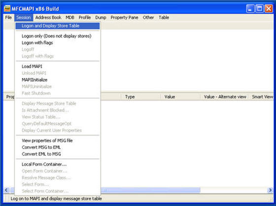 Skärmbild av MFCMAPI x86 Build-fönster med fliken Session och alternativet Inloggning och Visa butikstabell.