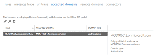 Skärmbild som visar sidan Godkända domäner i administrationscentret för Exchange. Information om namn, godkänd domän och domäntyp visas.