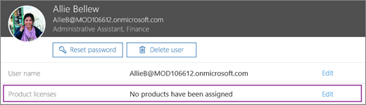 Skärmbild av användarinformation. Området Produktlicenser visar att inga produkter har tilldelats för användaren och att alternativet att redigera är tillgängligt.