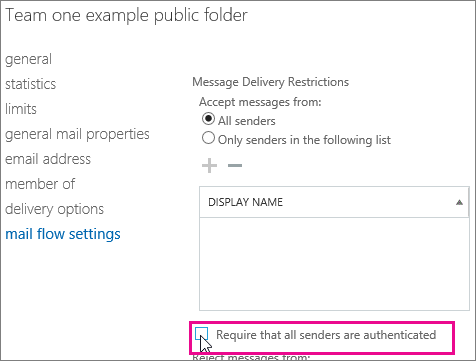 Skärmbild av sidan Begränsningar för meddelandeleverans. Kryssrutan Kräv att alla avsändare autentiseras är avmarkerad.