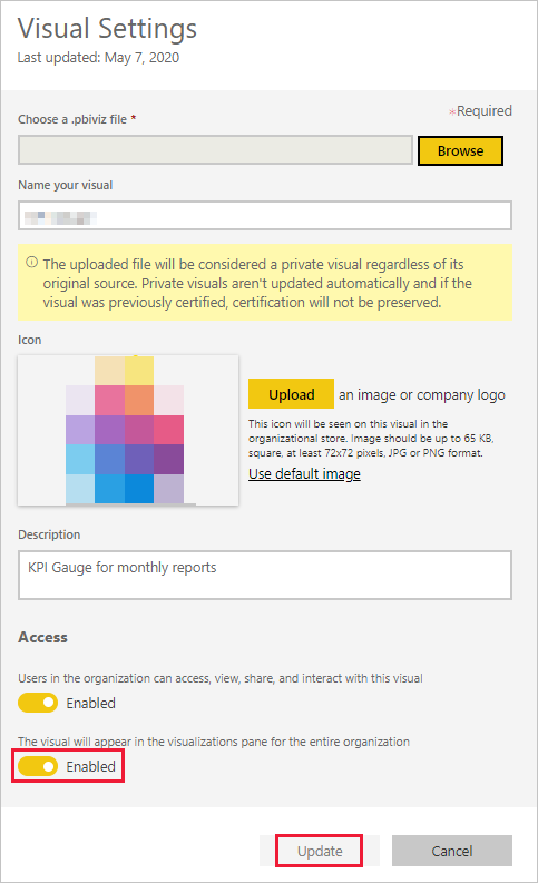 Skärmbild som visar dialogrutan Visuella inställningar med den andra knappen i åtkomstområdet med rubriken: det visuella objektet visas i visualiseringsfönstret för hela organisationen, aktiverat.