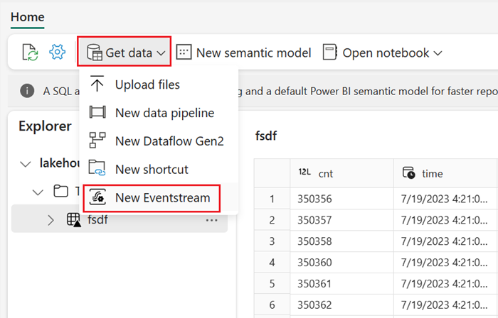 Skärmbild av hur du hämtar data till ett lakehouse från Eventstream.