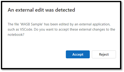 Skärmbild av dialogrutan som meddelar portalanvändare att en extern redigering har identifierats. Den innehåller knappen Acceptera och Avvisa.