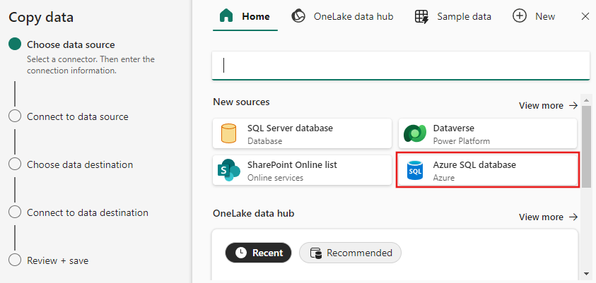 Skärmbild som visar var du väljer din datakälla på skärmen Kopiera data.