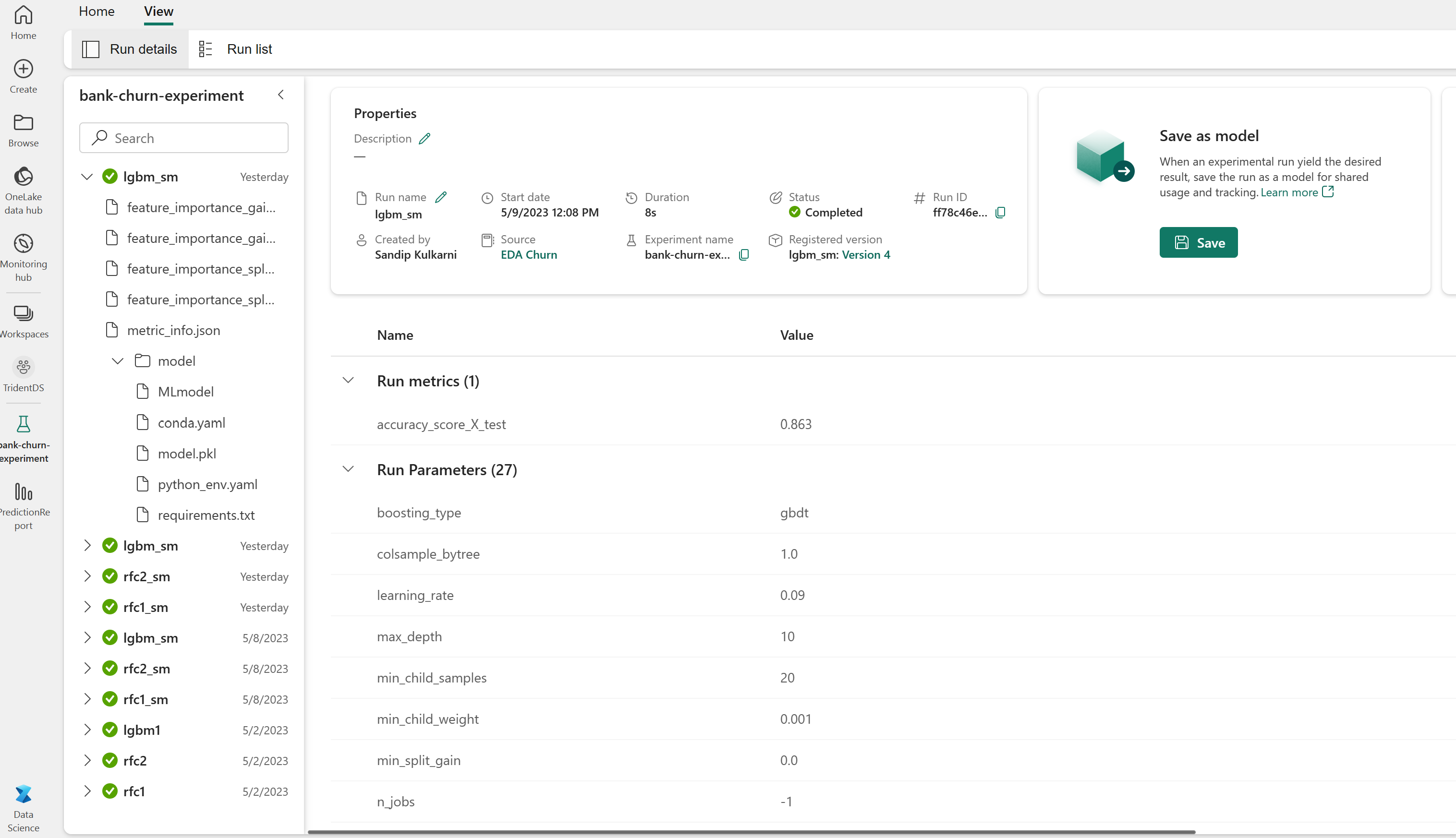 Screenshot that shows the experiment page for the bank churn experiment.